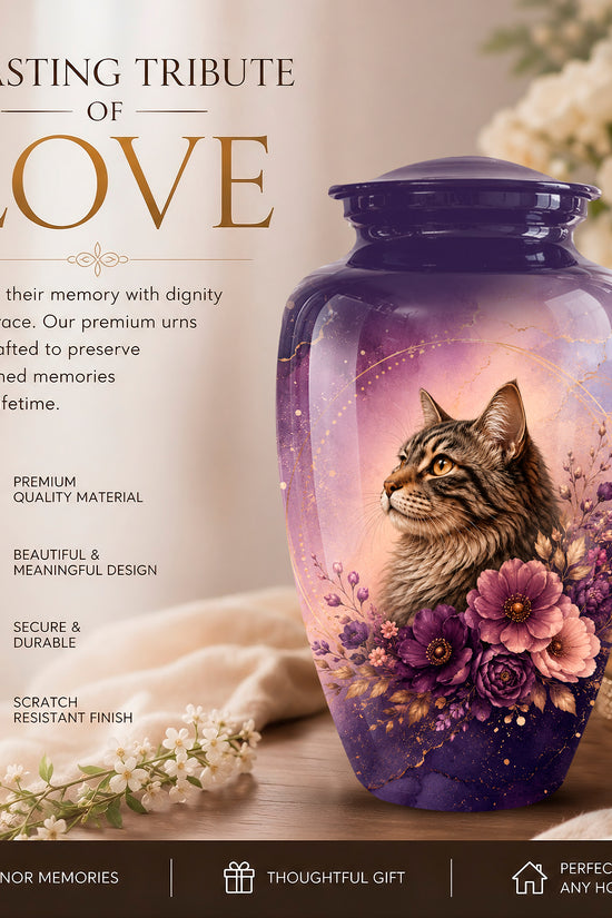 A purple memorial urn with a printed portrait of a tabby cat and pink flowers, shown on a tabletop with candles and flowers in a softly lit room. Large text reads 'A LASTING TRIBUTE OF LOVE' with product feature callouts along the left side.