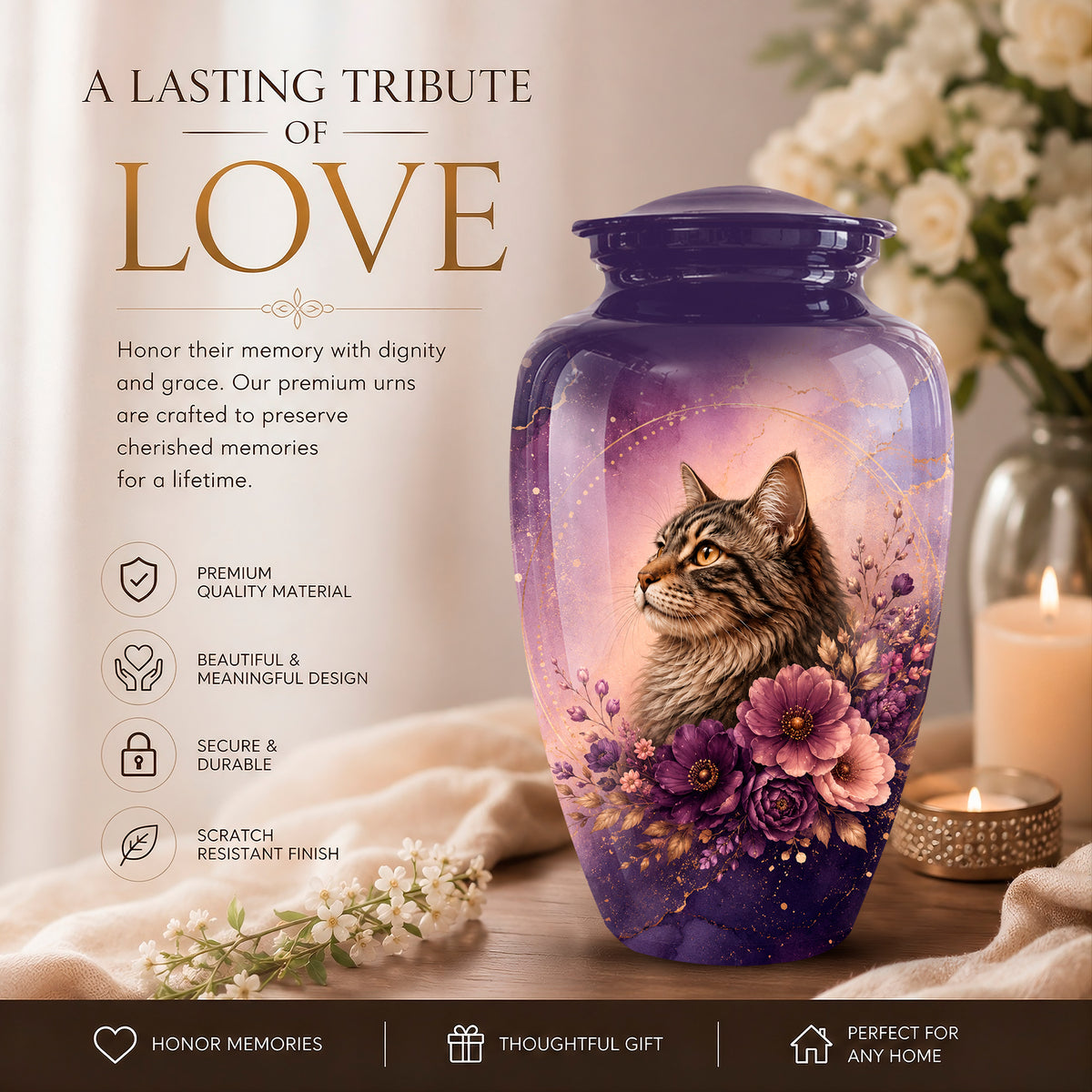 A purple memorial urn with a printed portrait of a tabby cat and pink flowers, shown on a tabletop with candles and flowers in a softly lit room. Large text reads 'A LASTING TRIBUTE OF LOVE' with product feature callouts along the left side.