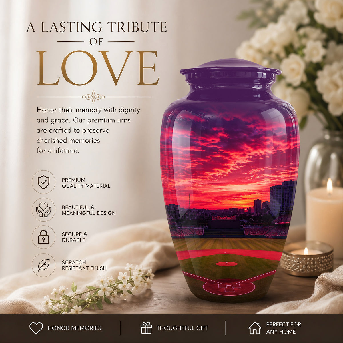 Sunset Baseball Ground Funeral Urn - Custom Burial Urns For Athletes Ashes