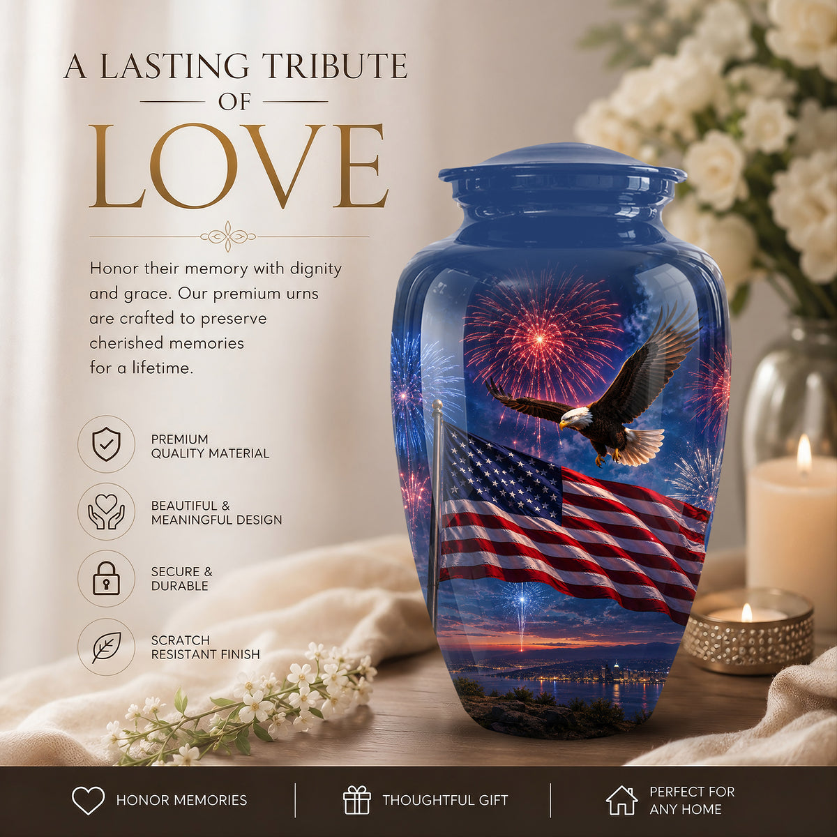 Brown Flying Eagle Cremation Urn - Handcrafted Memorial Urn To Tribute Veterans
