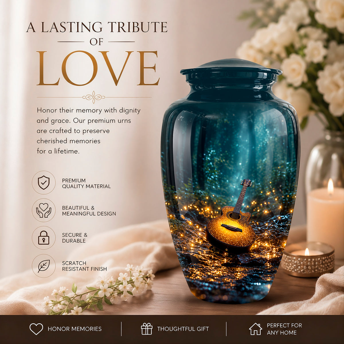 Lustrous Guitar Cremation Urn - Aluminum Memorial Urns For Music Lovers Ashes