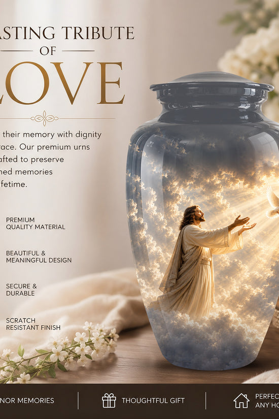 Jesus With Flying Dove Cremation Urn - Beautiful Sunrays Theme Urn For Ashes