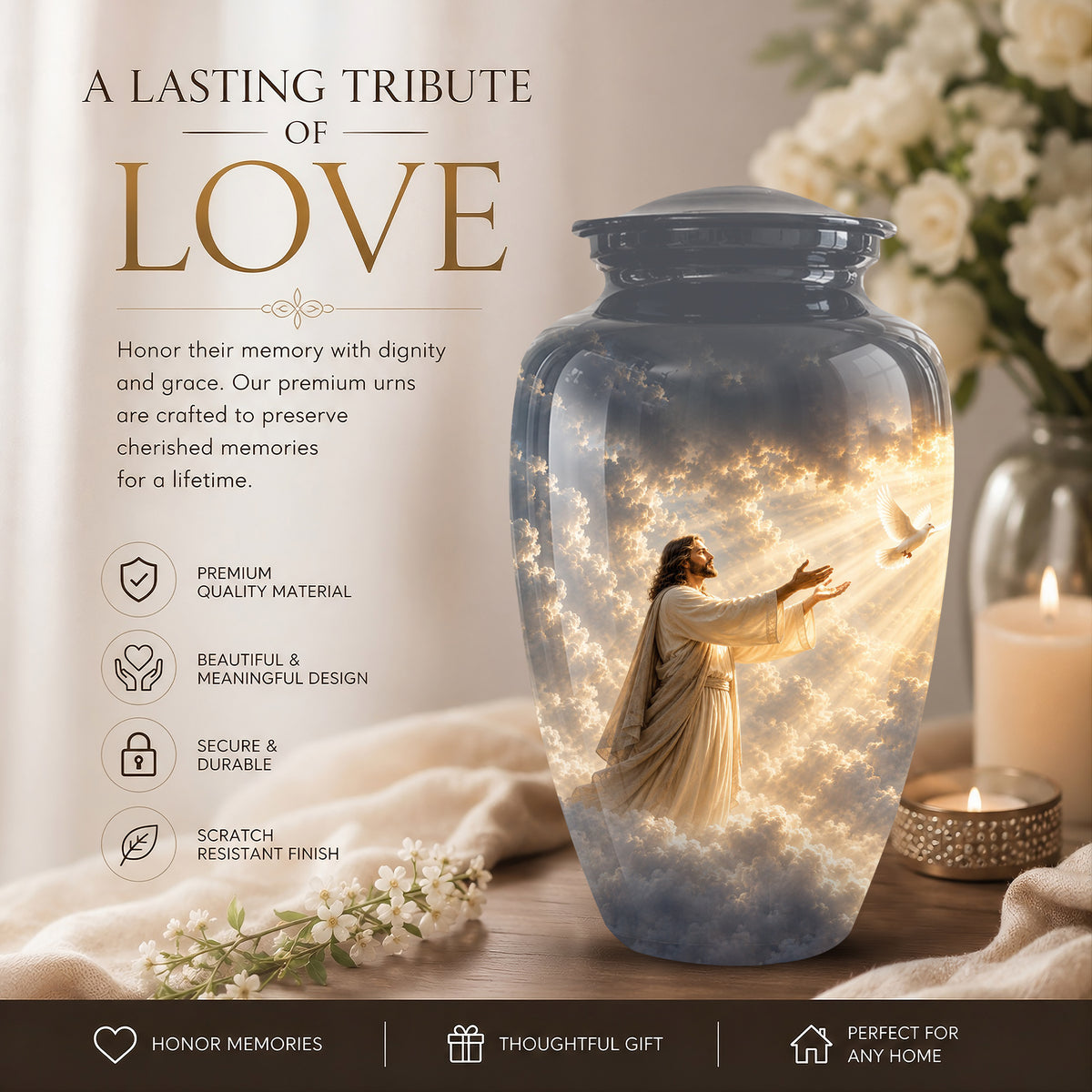 Jesus With Flying Dove Cremation Urn - Beautiful Sunrays Theme Urn For Ashes