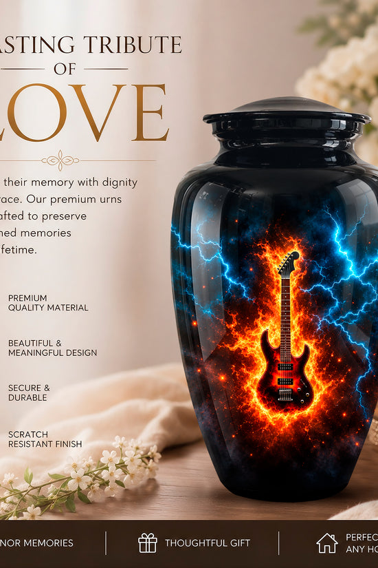 A black memorial urn with a glossy finish, featuring a vibrant graphic of a red electric guitar surrounded by blue lightning and orange flames. The urn is displayed on a wooden surface next to a lit candle and white flowers, with promotional text on the left side.