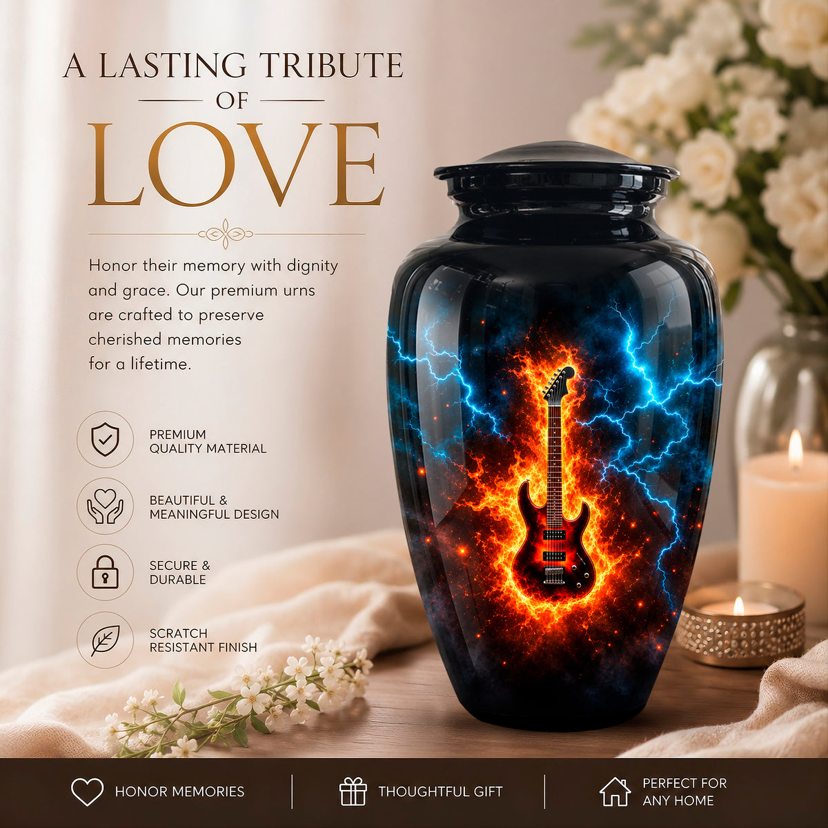 A black memorial urn with a glossy finish, featuring a vibrant graphic of a red electric guitar surrounded by blue lightning and orange flames. The urn is displayed on a wooden surface next to a lit candle and white flowers, with promotional text on the left side.