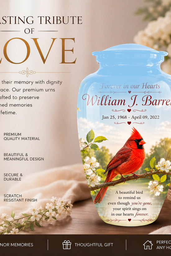 Personalized ceramic memorial urn with a light blue lid and a printed design of a red cardinal on a branch with white blossoms. The urn features the text 'Forever in our Hearts William J.