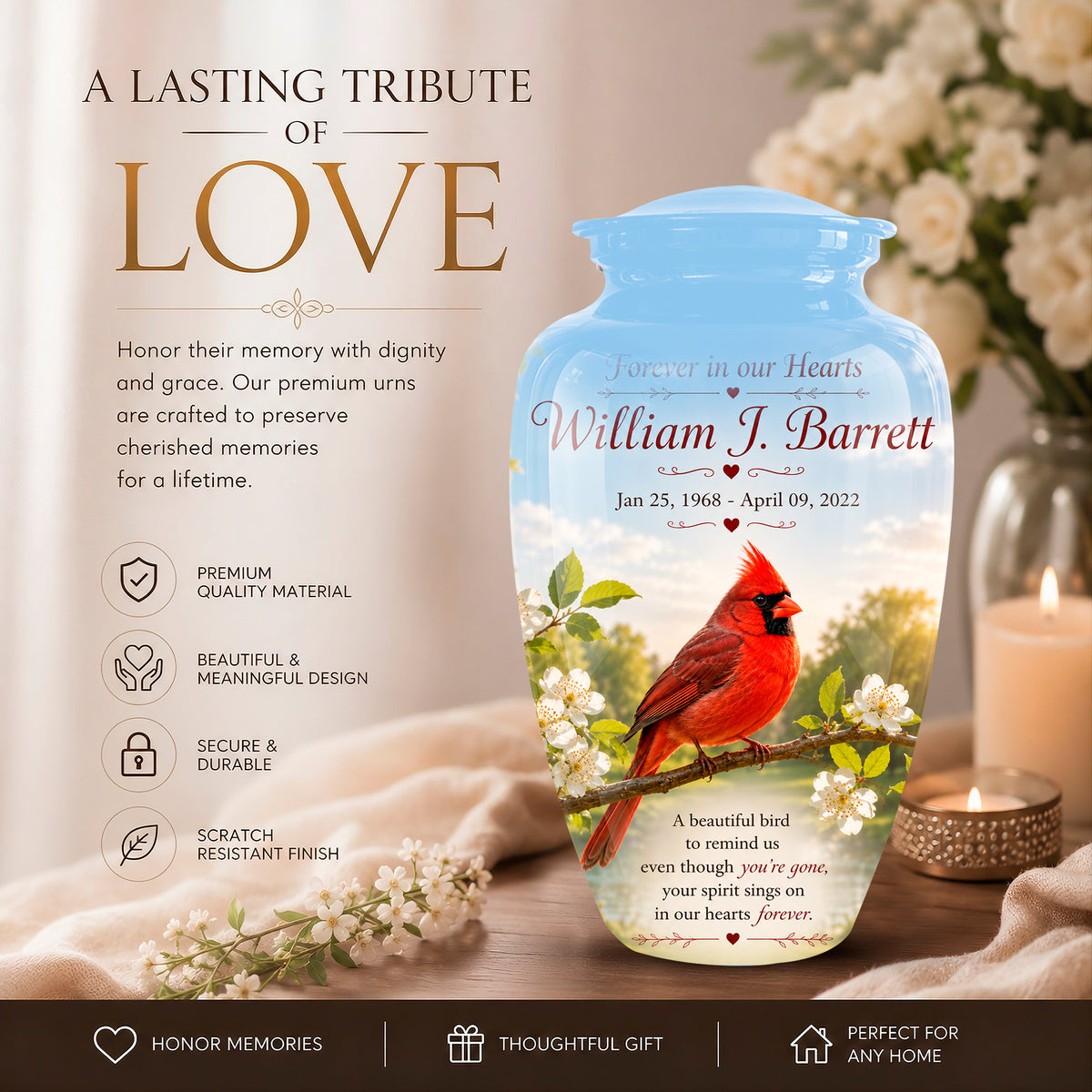 Personalized ceramic memorial urn with a light blue lid and a printed design of a red cardinal on a branch with white blossoms. The urn features the text 'Forever in our Hearts William J.