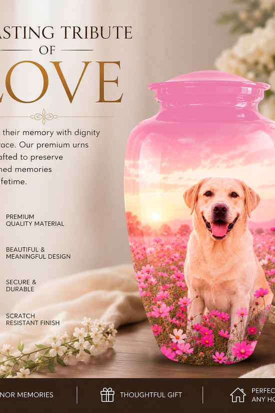 A pink memorial urn with a printed photo of a golden retriever sitting in a flower field at sunset, displayed on a tabletop beside a candle and flowers. Large text on the left reads 'A LASTING TRIBUTE OF LOVE' with product feature callouts below.