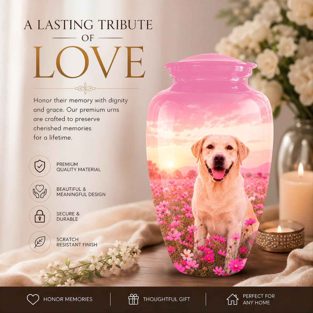 A pink memorial urn with a printed photo of a golden retriever sitting in a flower field at sunset, displayed on a tabletop beside a candle and flowers. Large text on the left reads 'A LASTING TRIBUTE OF LOVE' with product feature callouts below.