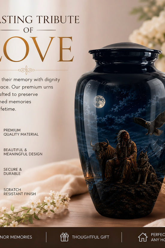 A dark blue memorial urn with a night-sky scene featuring a full moon, crows, and a lion, displayed on a table with candles and flowers. The left side includes promotional text reading 'A LASTING TRIBUTE OF LOVE' and feature icons for premium quality, beautiful design, secure durability, and scratch-resistant finish.