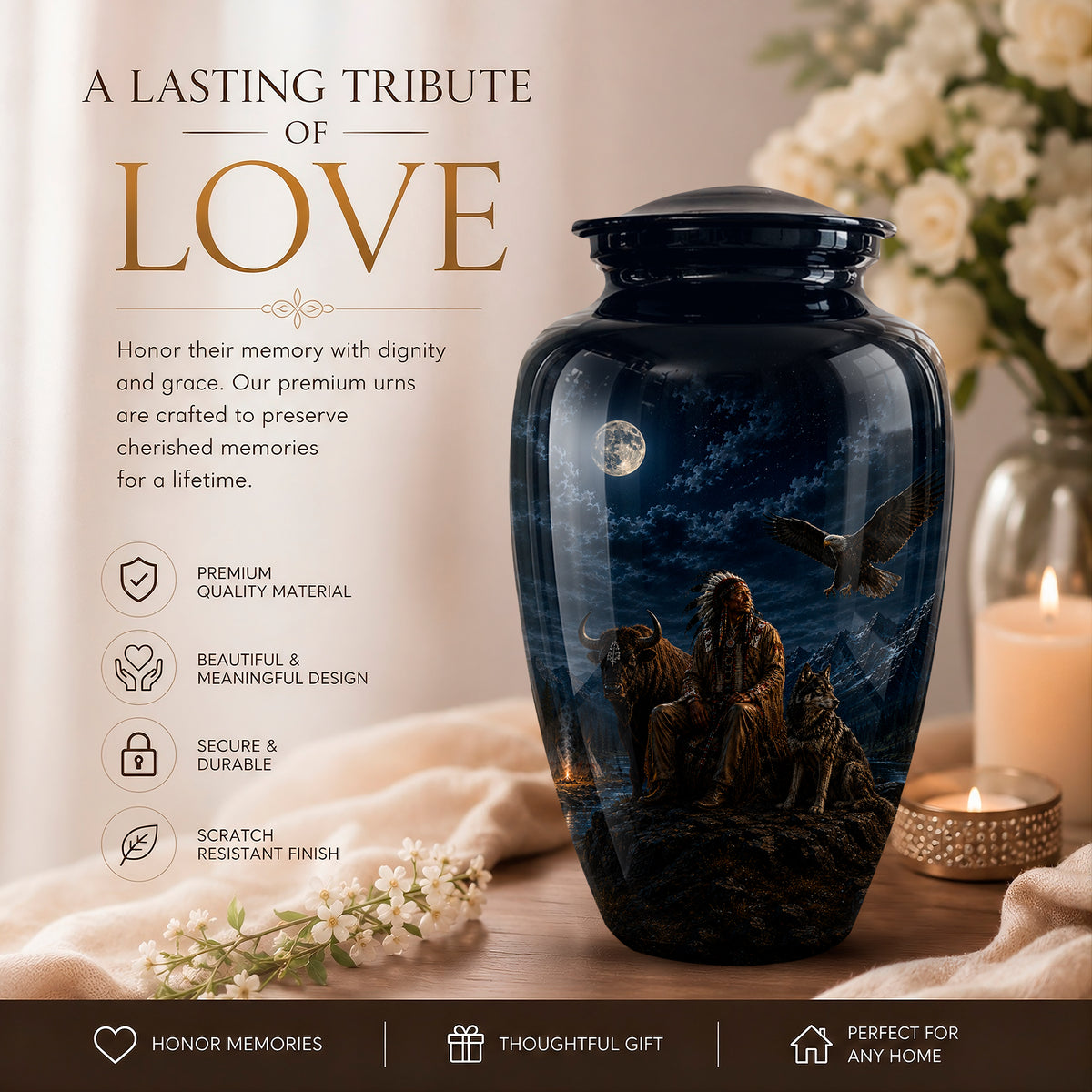 A dark blue memorial urn with a night-sky scene featuring a full moon, crows, and a lion, displayed on a table with candles and flowers. The left side includes promotional text reading 'A LASTING TRIBUTE OF LOVE' and feature icons for premium quality, beautiful design, secure durability, and scratch-resistant finish.
