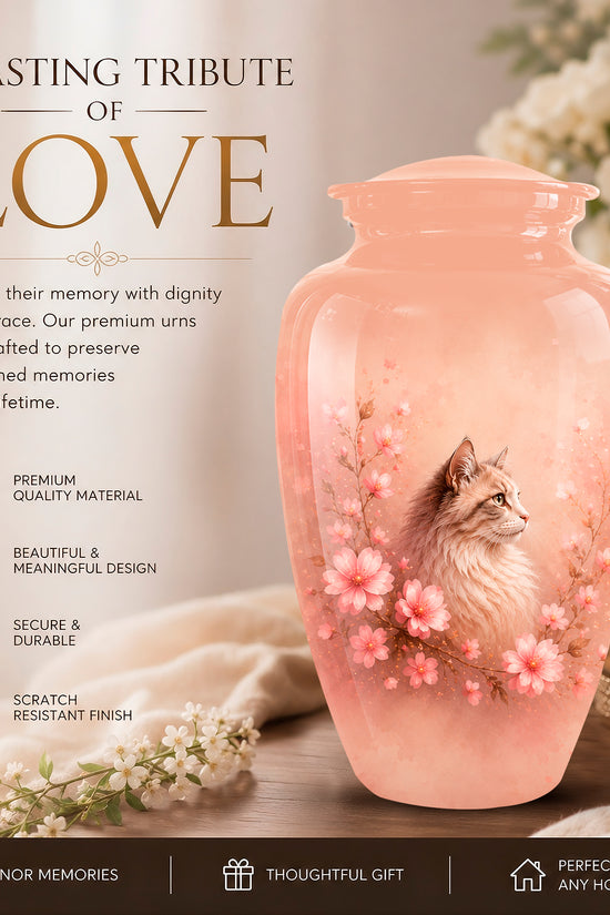 A pink memorial urn with a printed cat and pink cherry blossoms, shown on a tabletop beside a lit candle and flowers, with promotional text on the left.