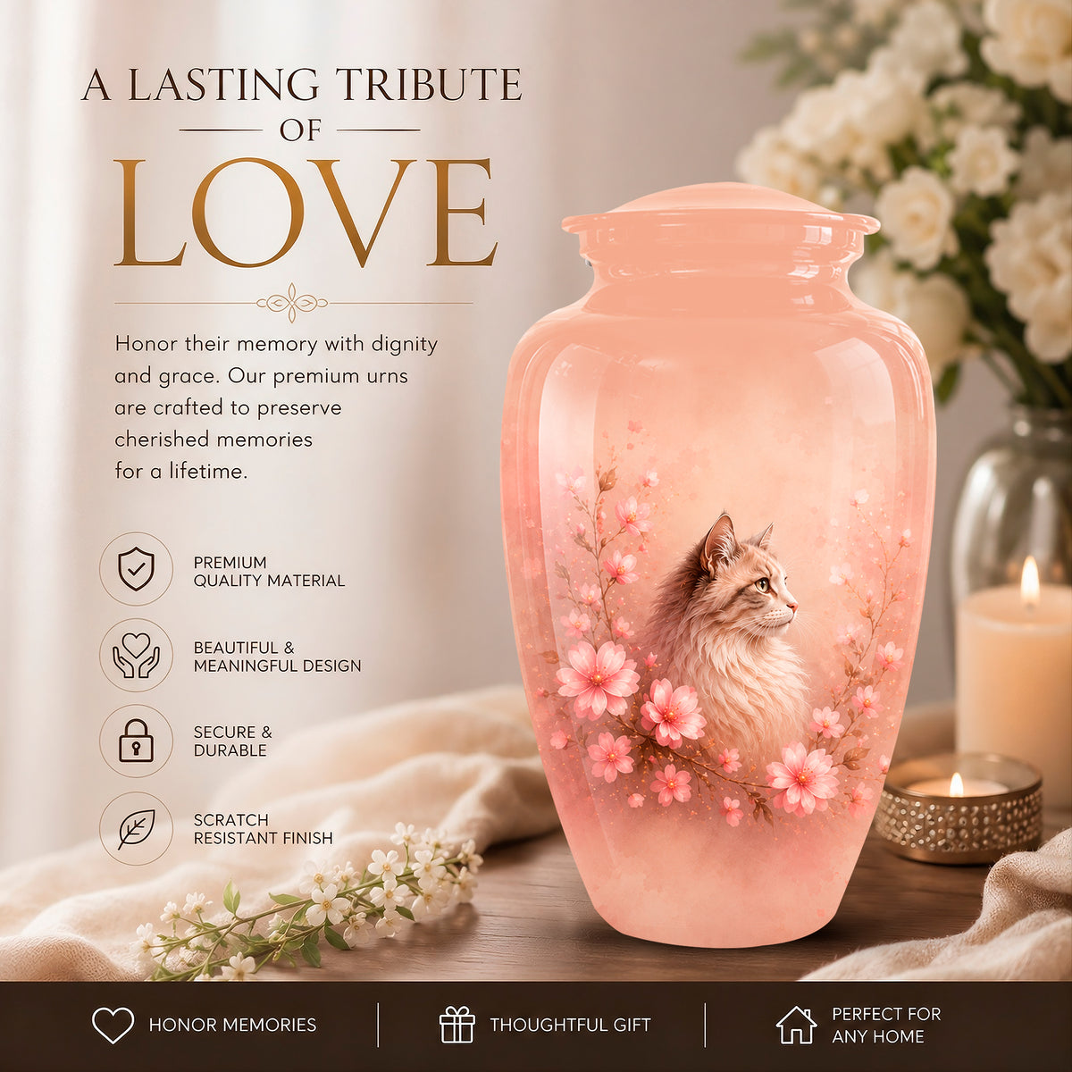 A pink memorial urn with a printed cat and pink cherry blossoms, shown on a tabletop beside a lit candle and flowers, with promotional text on the left.
