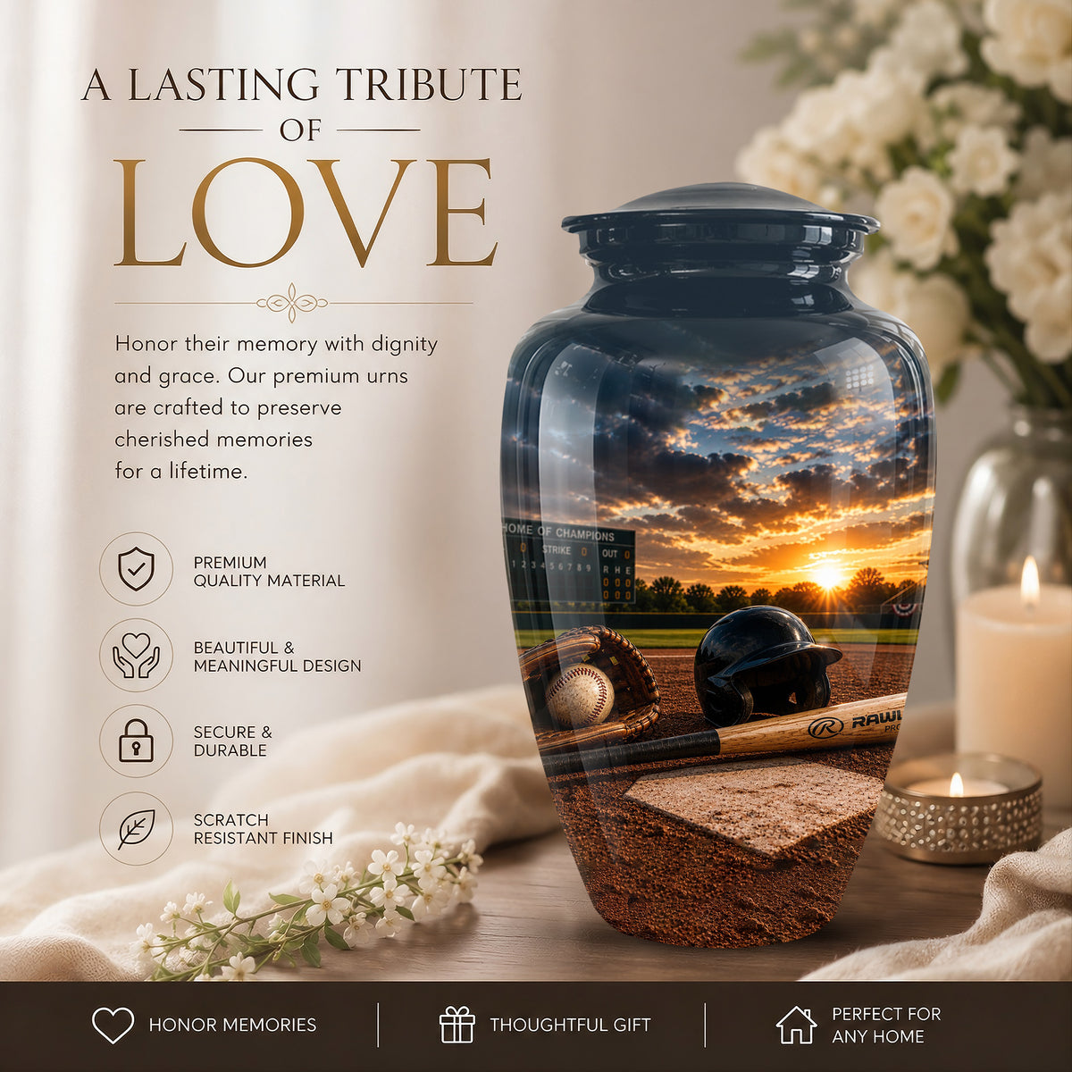 Personalized Baseball Bat & Accessories Urn - Sunset Funeral Urns For Ashes