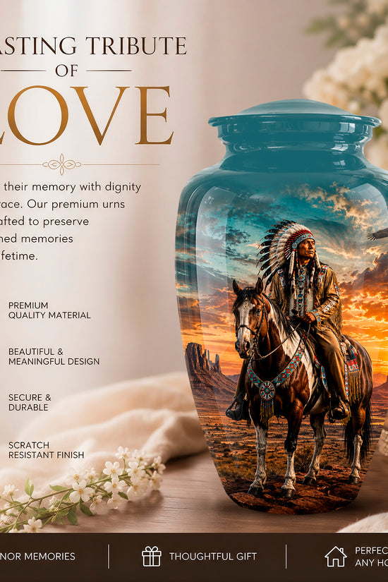 A large glossy ceramic memorial urn with a teal-blue lid and base, featuring a printed scenic design of a Native American rider on a horse against a sunset landscape. The urn is displayed on a table with a candle, flowers, and draped fabric, with promotional text on the left side.