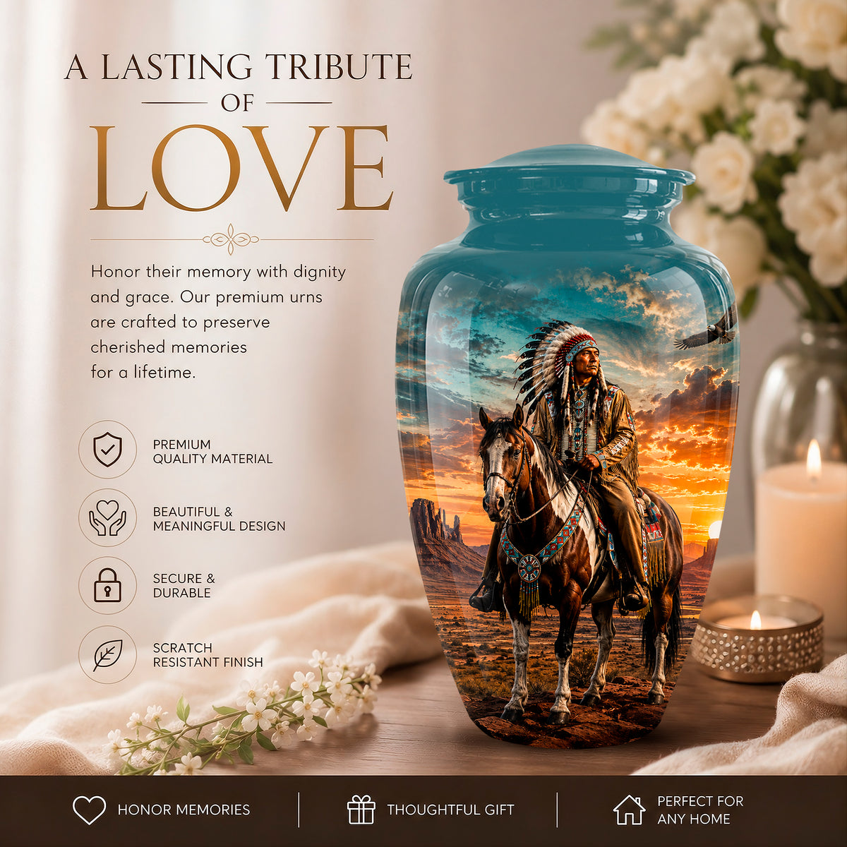 A large glossy ceramic memorial urn with a teal-blue lid and base, featuring a printed scenic design of a Native American rider on a horse against a sunset landscape. The urn is displayed on a table with a candle, flowers, and draped fabric, with promotional text on the left side.