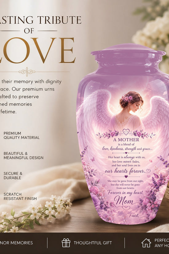 Pink Angel Mom Wings Cremation Urn - Custom Quotes Funeral Urns For Mom