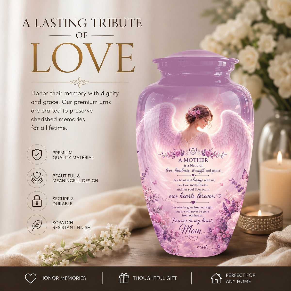 Pink Angel Mom Wings Cremation Urn - Custom Quotes Funeral Urns For Mom