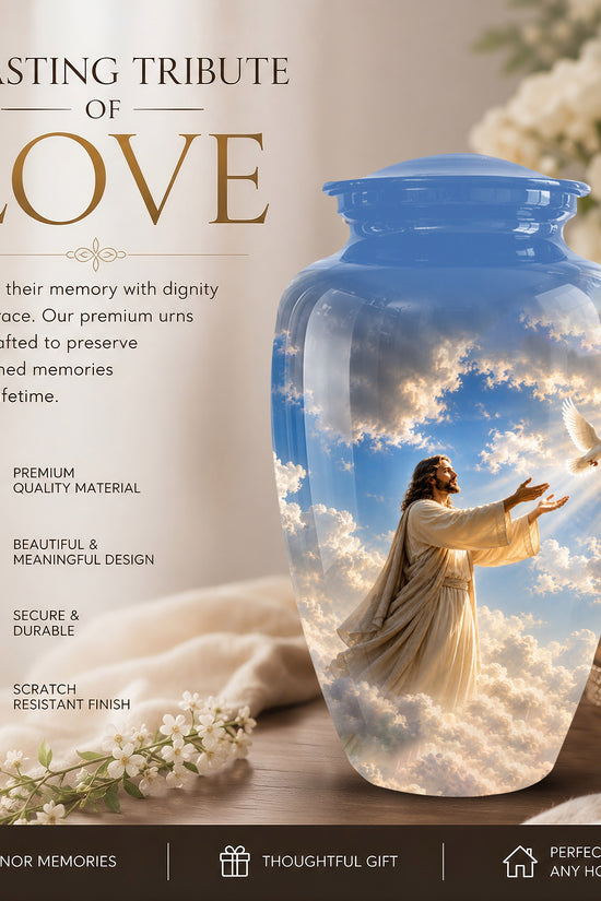Personalized Jesus With White Dove Urn - Blue Aluminum Cremation Urns