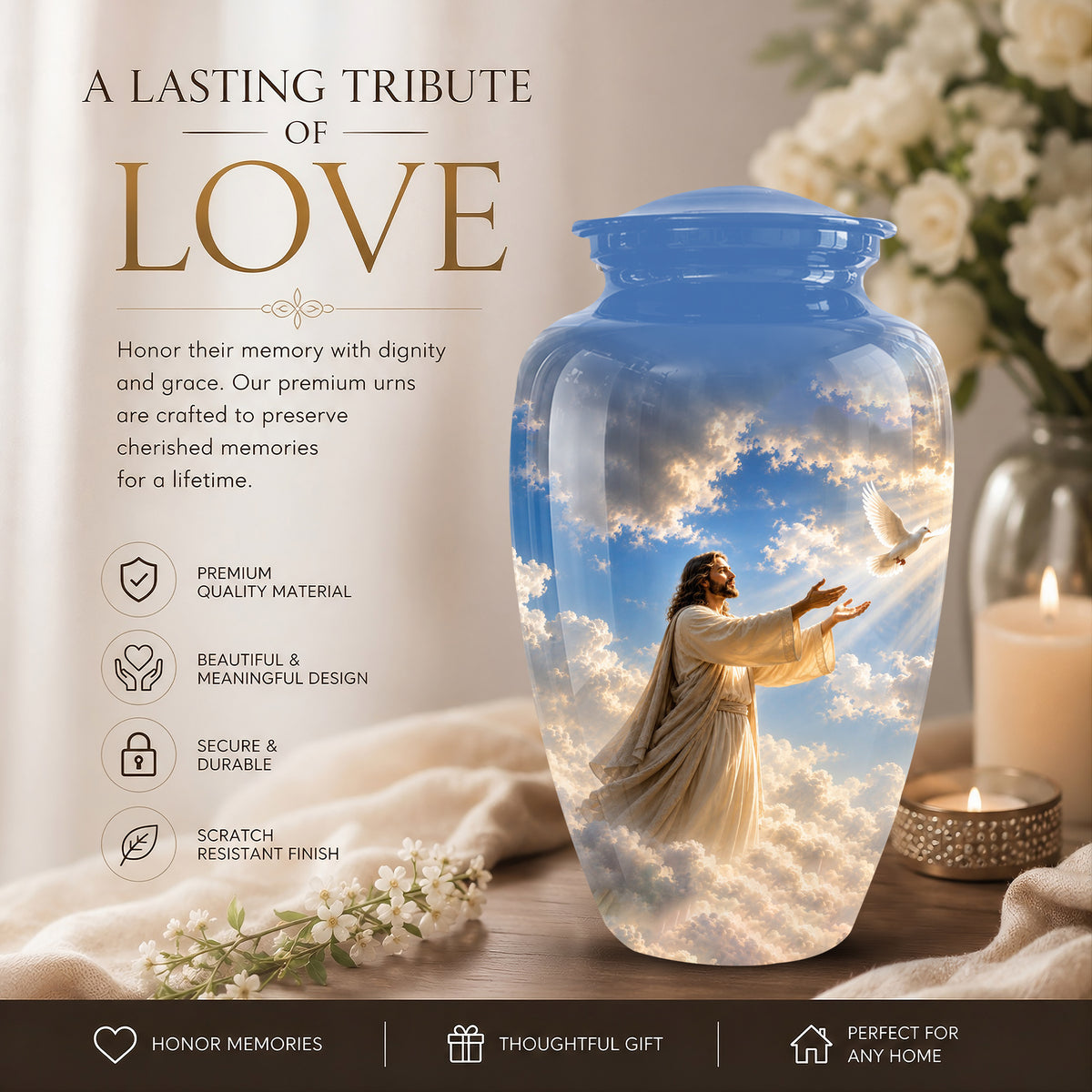 Personalized Jesus With White Dove Urn - Blue Aluminum Cremation Urns