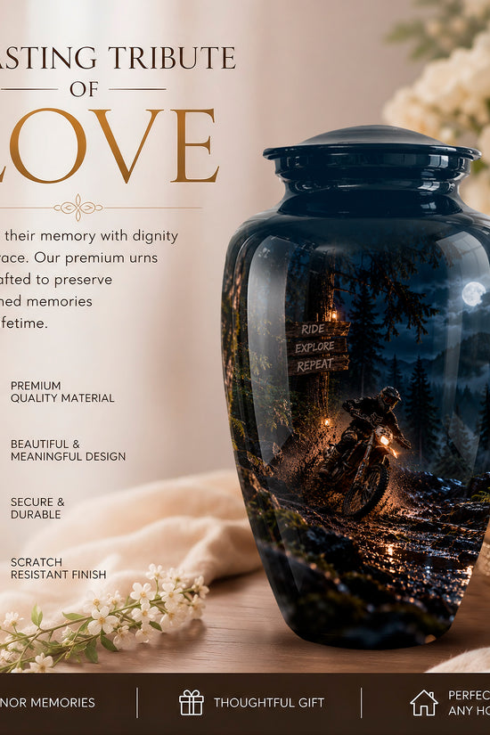 A dark navy blue memorial urn with a scenic night landscape print, displayed on a wooden surface next to a lit candle and white flowers. The left side features promotional text reading 'A LASTING TRIBUTE OF LOVE' and product feature icons.