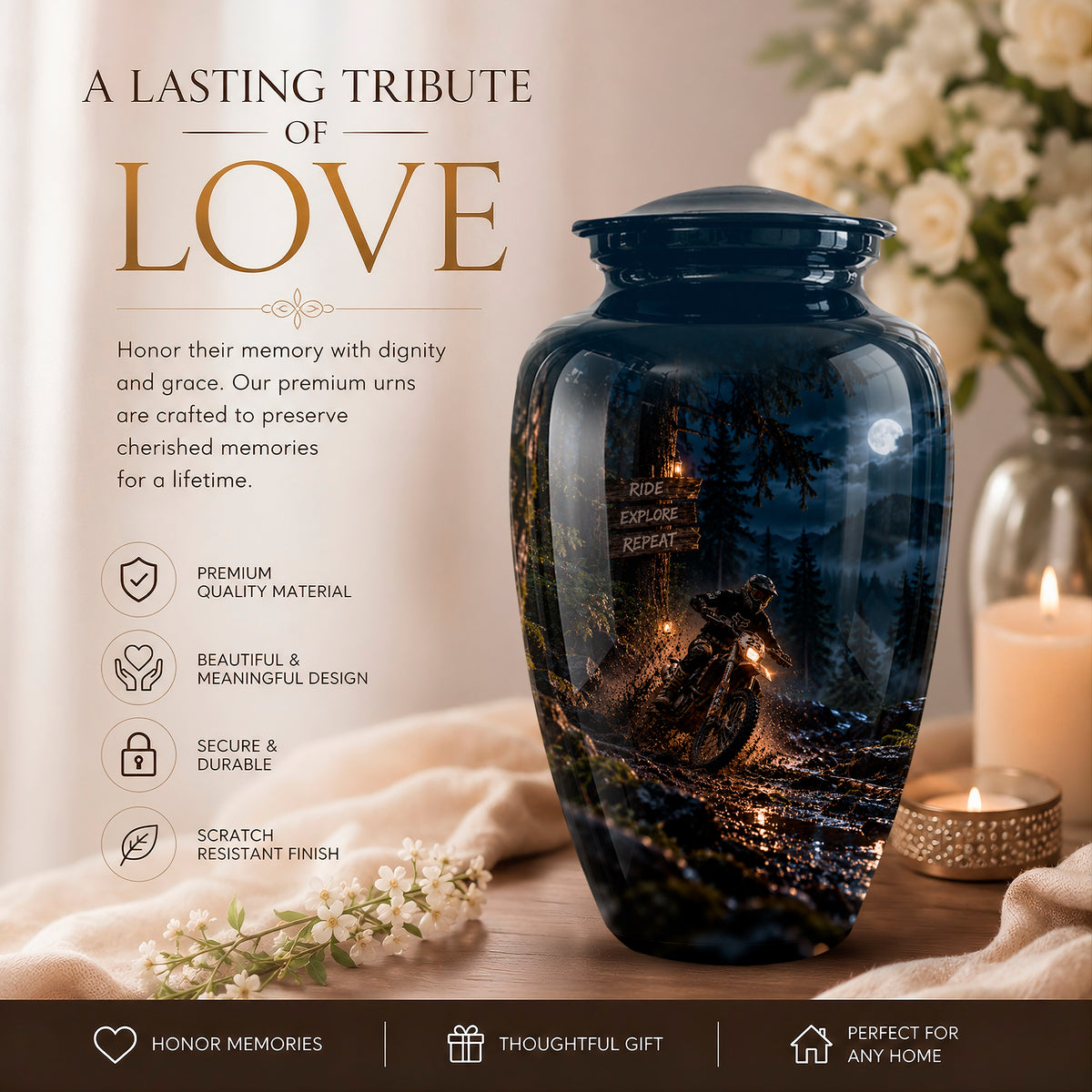 A dark navy blue memorial urn with a scenic night landscape print, displayed on a wooden surface next to a lit candle and white flowers. The left side features promotional text reading 'A LASTING TRIBUTE OF LOVE' and product feature icons.