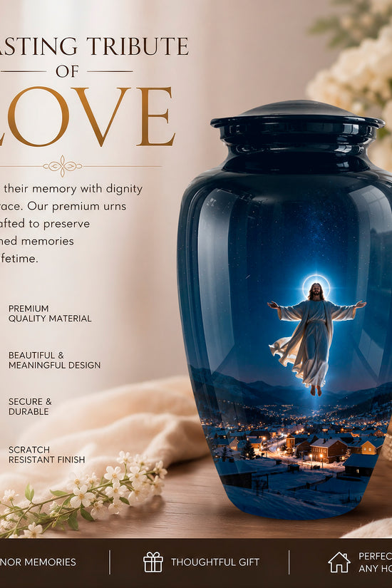 A dark blue memorial urn with a printed image of Jesus floating above a city at night, displayed on a table next to a lit candle and white flowers. The left side features promotional text reading 'A LASTING TRIBUTE OF LOVE' and product feature icons.