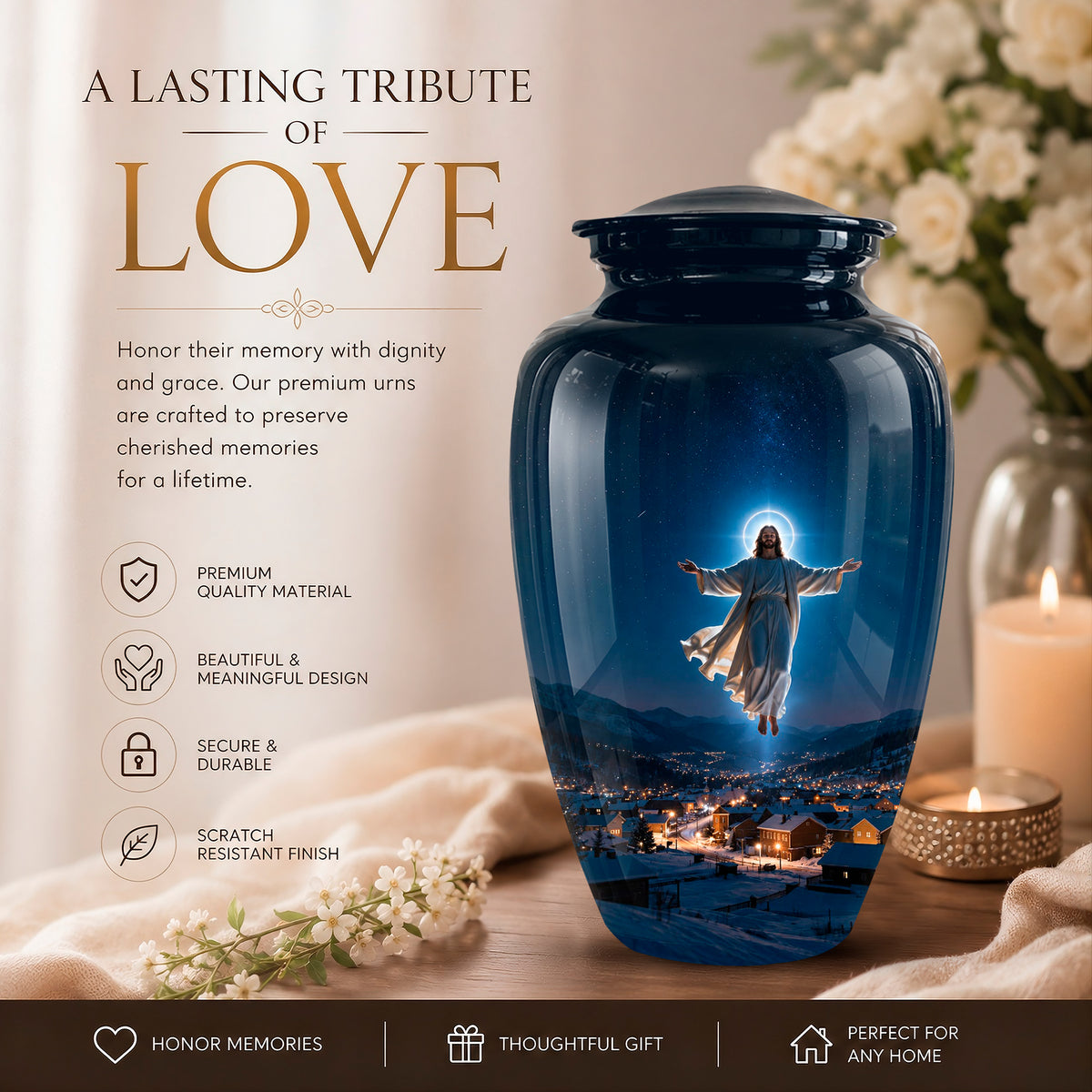 A dark blue memorial urn with a printed image of Jesus floating above a city at night, displayed on a table next to a lit candle and white flowers. The left side features promotional text reading 'A LASTING TRIBUTE OF LOVE' and product feature icons.