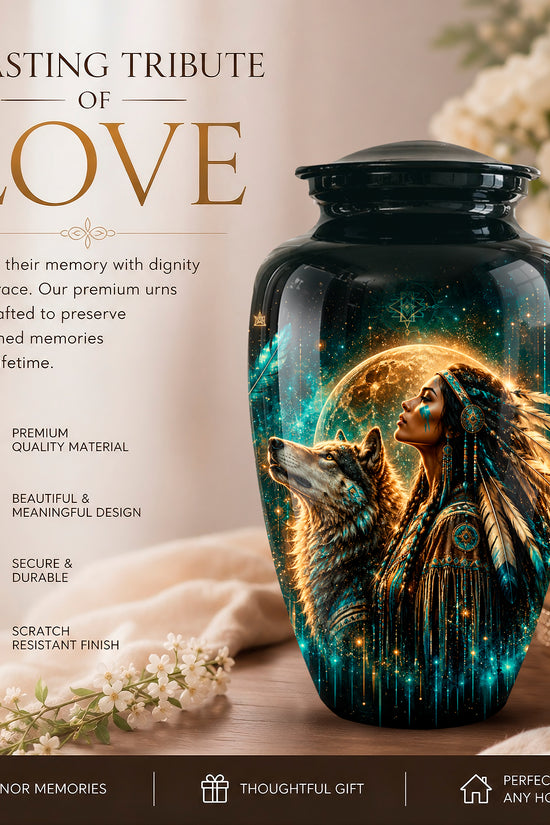 A glossy black memorial urn with a lid, featuring a detailed fantasy illustration of a woman with flowing hair and a wolf under a glowing moon, set on a tabletop with flowers and candles. The left side includes promotional text reading 'A LASTING TRIBUTE OF LOVE' and feature icons for premium quality, meaningful design, secure durability, and scratch-resistant finish.