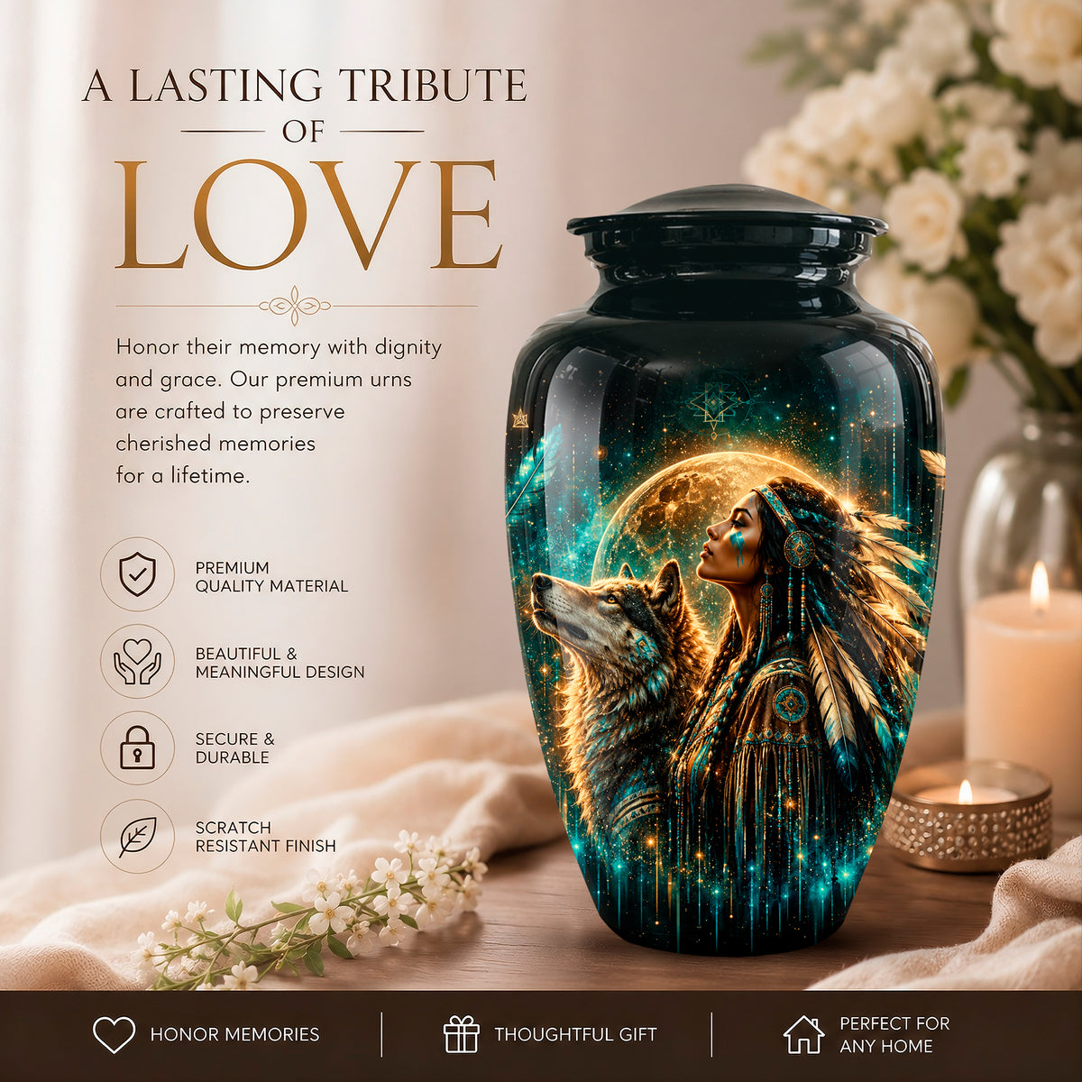 A glossy black memorial urn with a lid, featuring a detailed fantasy illustration of a woman with flowing hair and a wolf under a glowing moon, set on a tabletop with flowers and candles. The left side includes promotional text reading 'A LASTING TRIBUTE OF LOVE' and feature icons for premium quality, meaningful design, secure durability, and scratch-resistant finish.