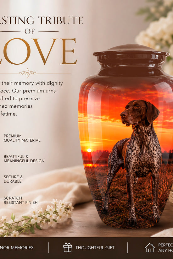 A memorial urn displayed on a tabletop with a dog printed on the inside, set against a warm sunset scene with flowers and candles. The left side includes promotional text reading 'A LASTING TRIBUTE OF LOVE' and feature callouts for premium quality, beautiful design, security, and scratch-resistant finish.
