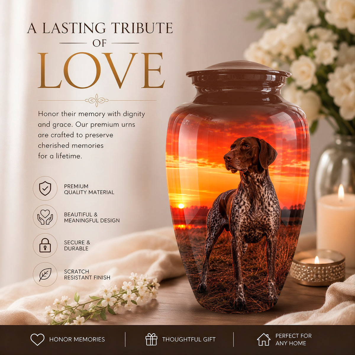 A memorial urn displayed on a tabletop with a dog printed on the inside, set against a warm sunset scene with flowers and candles. The left side includes promotional text reading 'A LASTING TRIBUTE OF LOVE' and feature callouts for premium quality, beautiful design, security, and scratch-resistant finish.