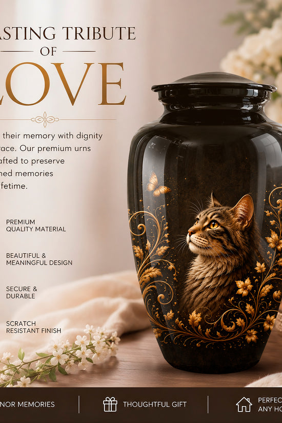 A black pet memorial urn with a detailed illustration of a brown tabby cat and gold floral scrollwork, displayed on a wooden surface with a candle, flowers, and a soft beige background. Text on the left reads 'A LASTING TRIBUTE OF LOVE' with product features listed below.