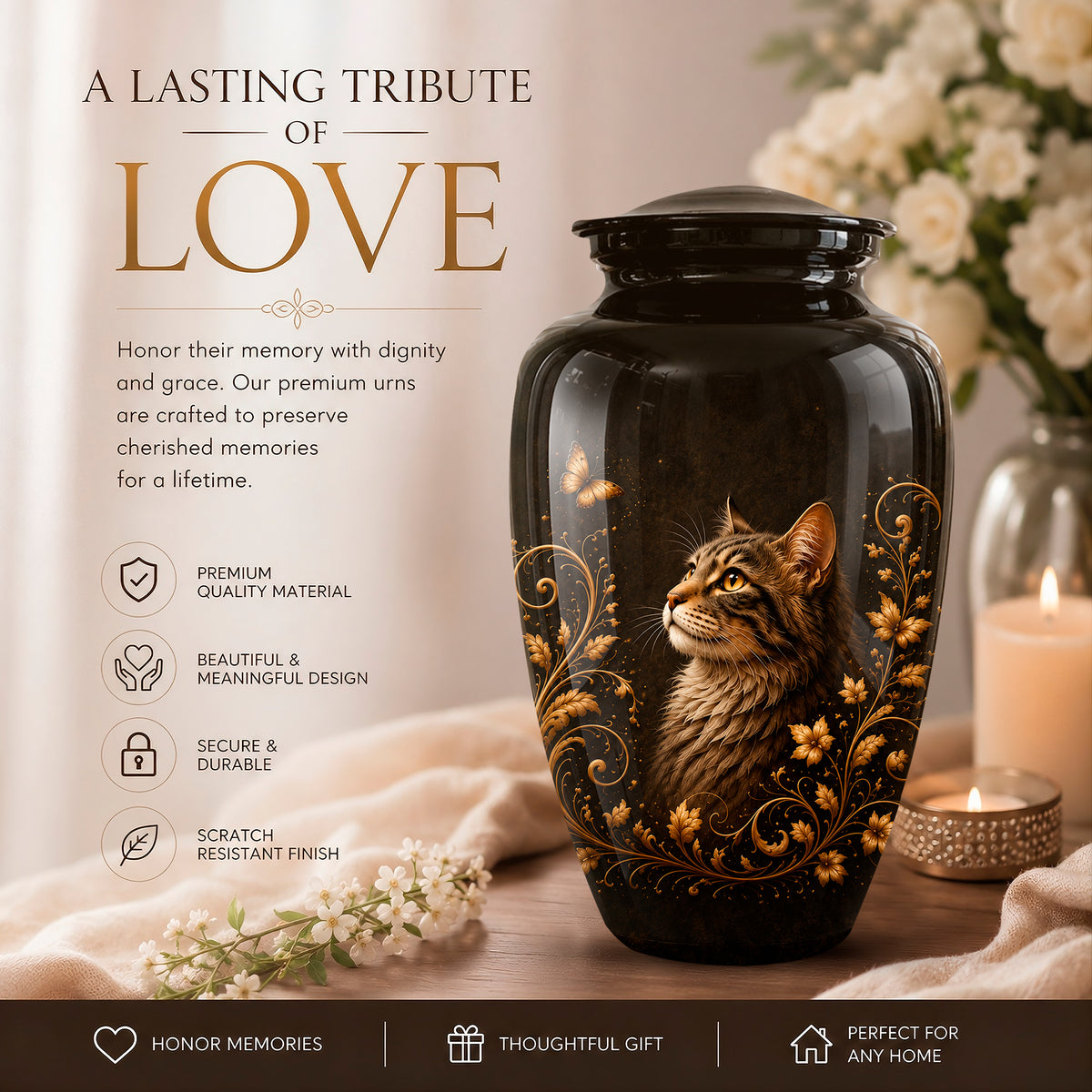 A black pet memorial urn with a detailed illustration of a brown tabby cat and gold floral scrollwork, displayed on a wooden surface with a candle, flowers, and a soft beige background. Text on the left reads 'A LASTING TRIBUTE OF LOVE' with product features listed below.