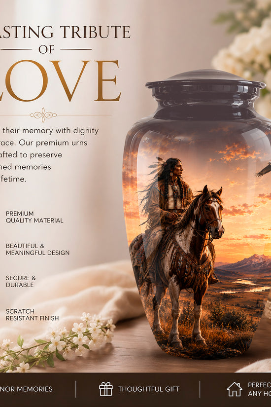 A memorial urn jar with a lid, featuring a printed scenic image of a cowboy riding a horse at sunset. The jar is displayed on a table next to a lit candle and white flowers, with promotional text on the left side.