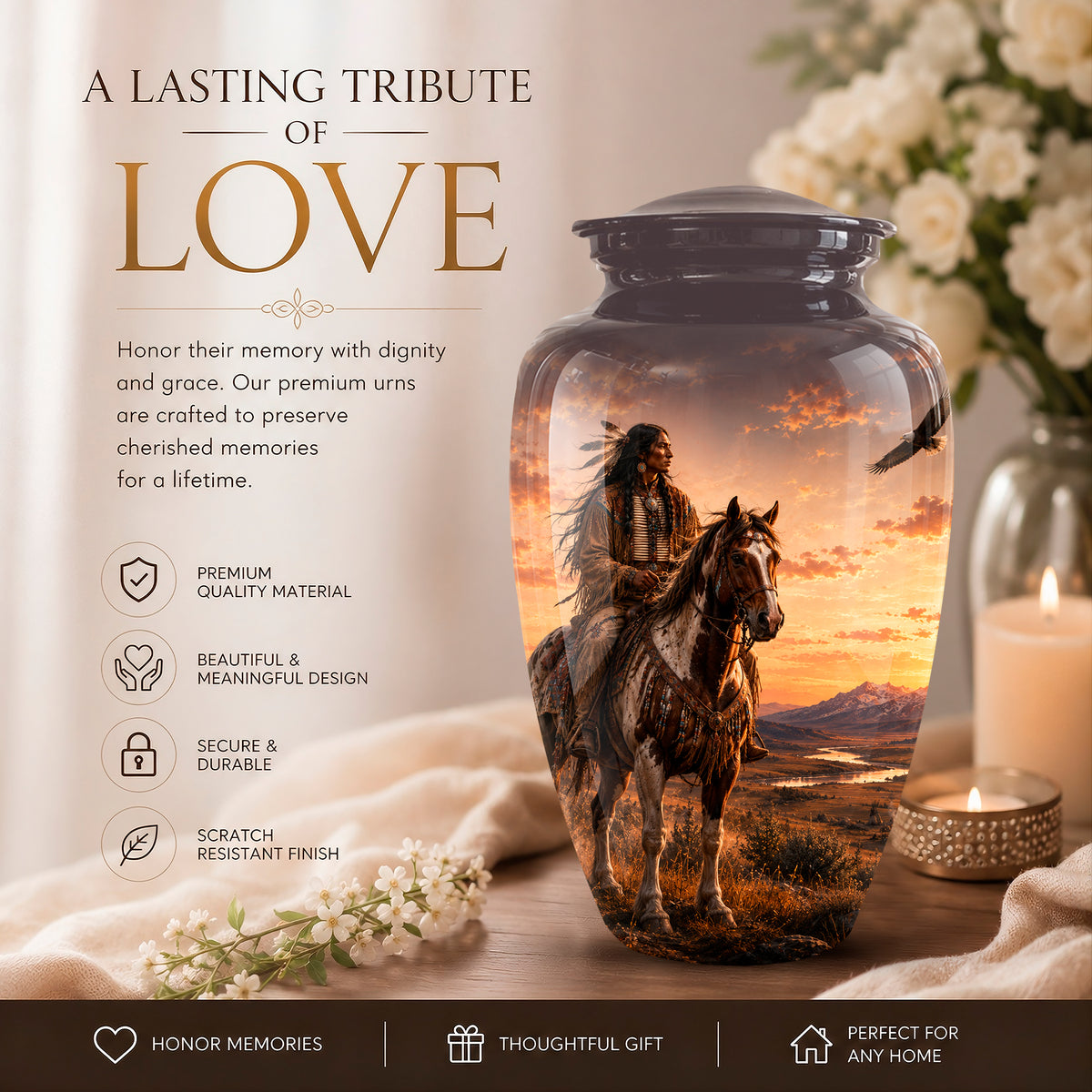 A memorial urn jar with a lid, featuring a printed scenic image of a cowboy riding a horse at sunset. The jar is displayed on a table next to a lit candle and white flowers, with promotional text on the left side.