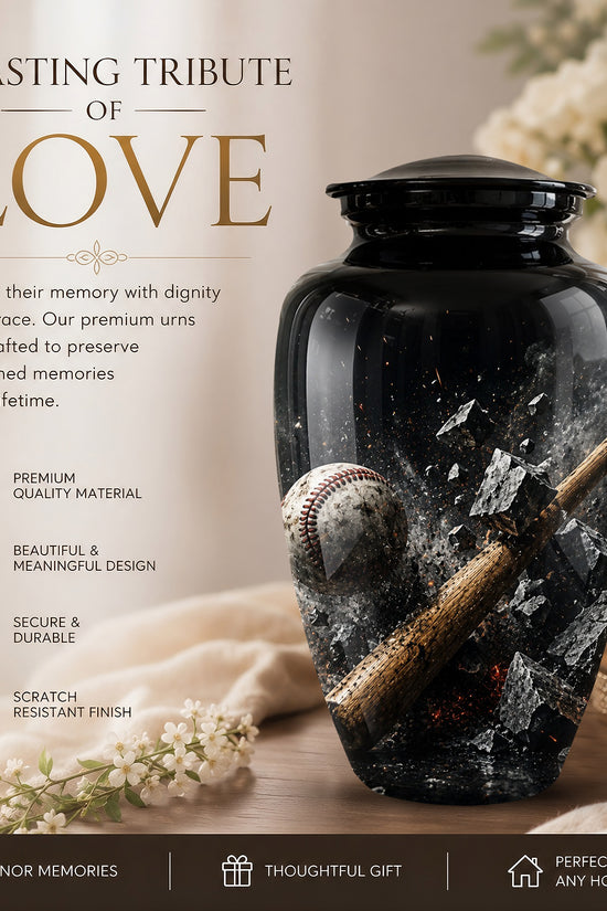 Baseball Bat Shattering Stone Urn - Custom Black Funeral Urns For Ashes