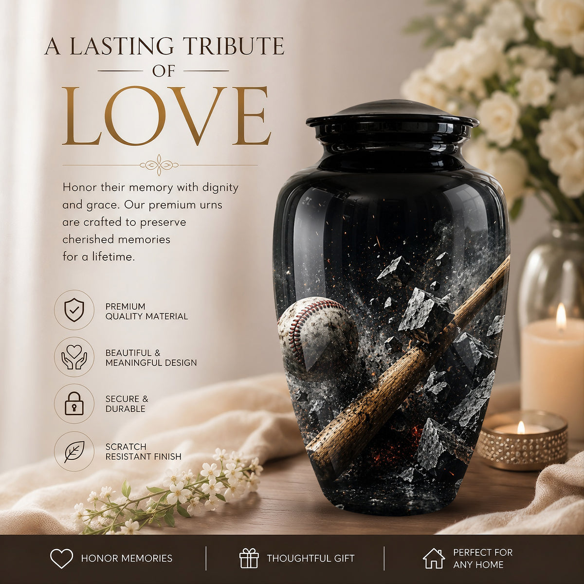 Baseball Bat Shattering Stone Urn - Custom Black Funeral Urns For Ashes