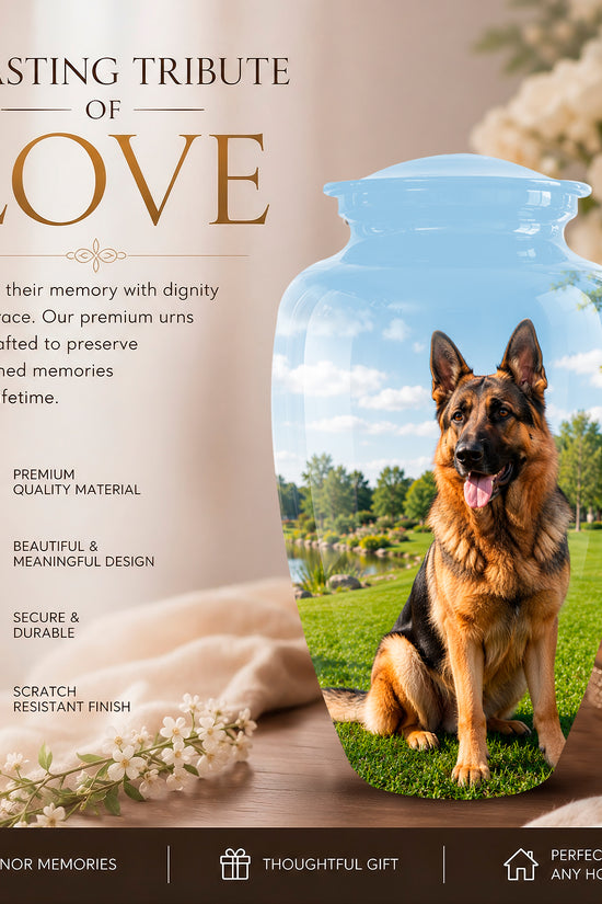 Personalized ceramic pet memorial urn with a printed photo of a German Shepherd dog on a grassy lawn, displayed on a wooden surface with a blue sky gradient top. The image includes promotional text on the left and decorative candles and flowers in the background.