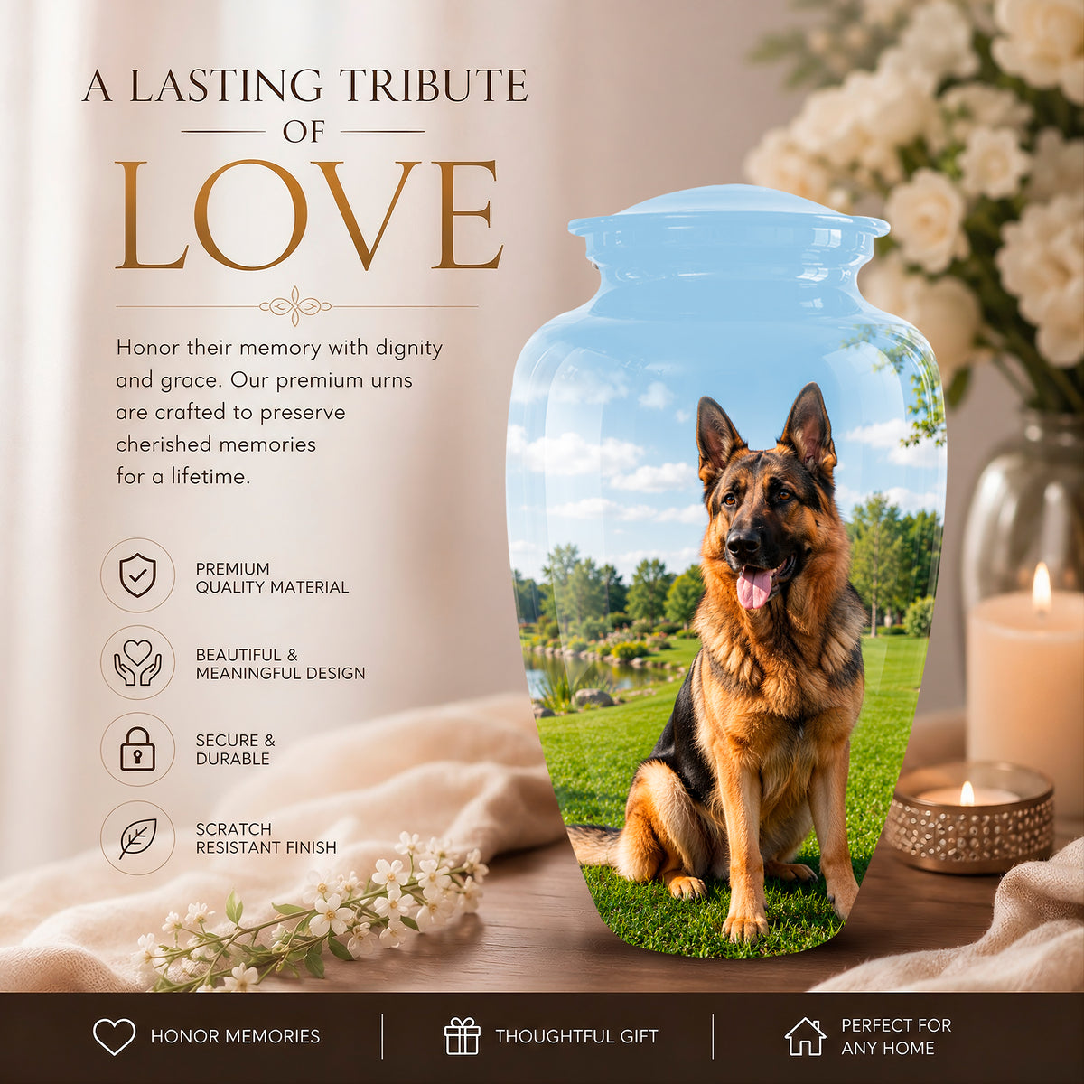 Personalized ceramic pet memorial urn with a printed photo of a German Shepherd dog on a grassy lawn, displayed on a wooden surface with a blue sky gradient top. The image includes promotional text on the left and decorative candles and flowers in the background.