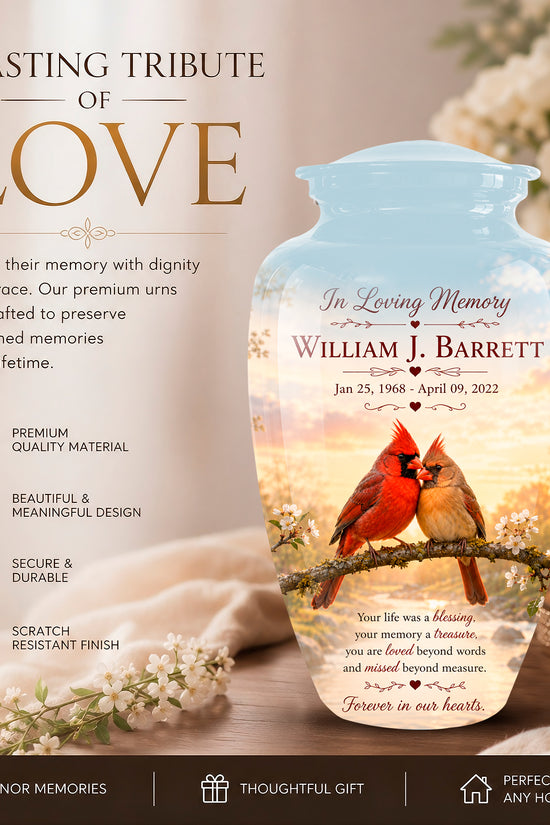 Personalized ceramic memorial urn with a light blue sky and sunset design, featuring two cardinal birds and the name 'William J. Barrett' on the front, set against a warm, softly blurred background with candles and flowers.