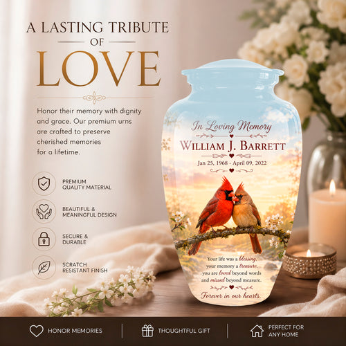 Personalized ceramic memorial urn with a light blue sky and sunset design, featuring two cardinal birds and the name 'William J. Barrett' on the front, set against a warm, softly blurred background with candles and flowers.