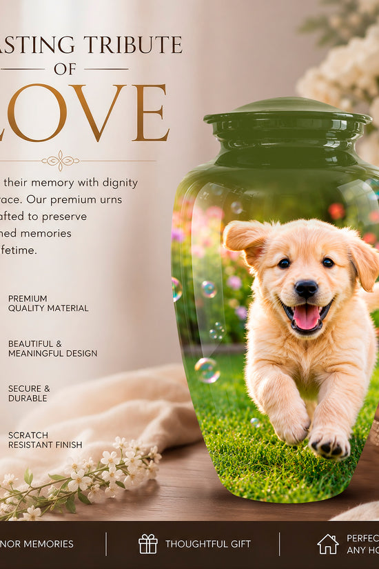 A memorial urn jar with a green glass body and lid, printed with a golden puppy running on grass, shown in a warm home setting with flowers, a candle, and promotional text reading 'A LASTING TRIBUTE OF LOVE'.