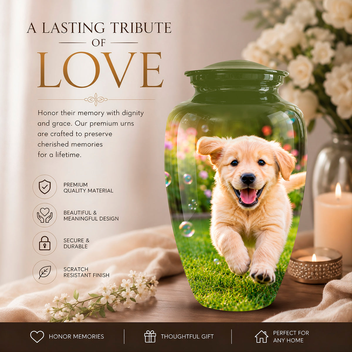 A memorial urn jar with a green glass body and lid, printed with a golden puppy running on grass, shown in a warm home setting with flowers, a candle, and promotional text reading 'A LASTING TRIBUTE OF LOVE'.