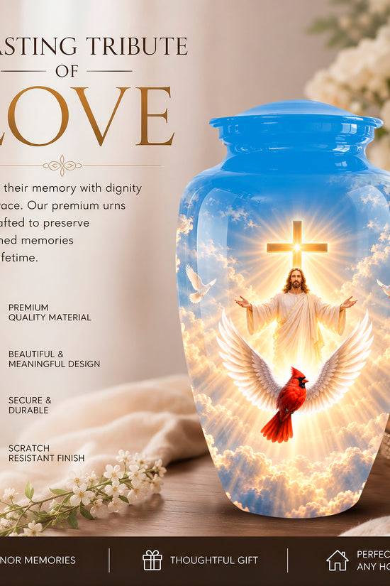 A memorial urn vase with a blue lid and glowing printed design of Jesus, doves, a cardinal, and a cross, shown on a tabletop with candles and flowers. Large text reads 'A LASTING TRIBUTE OF LOVE' with feature callouts on the left.