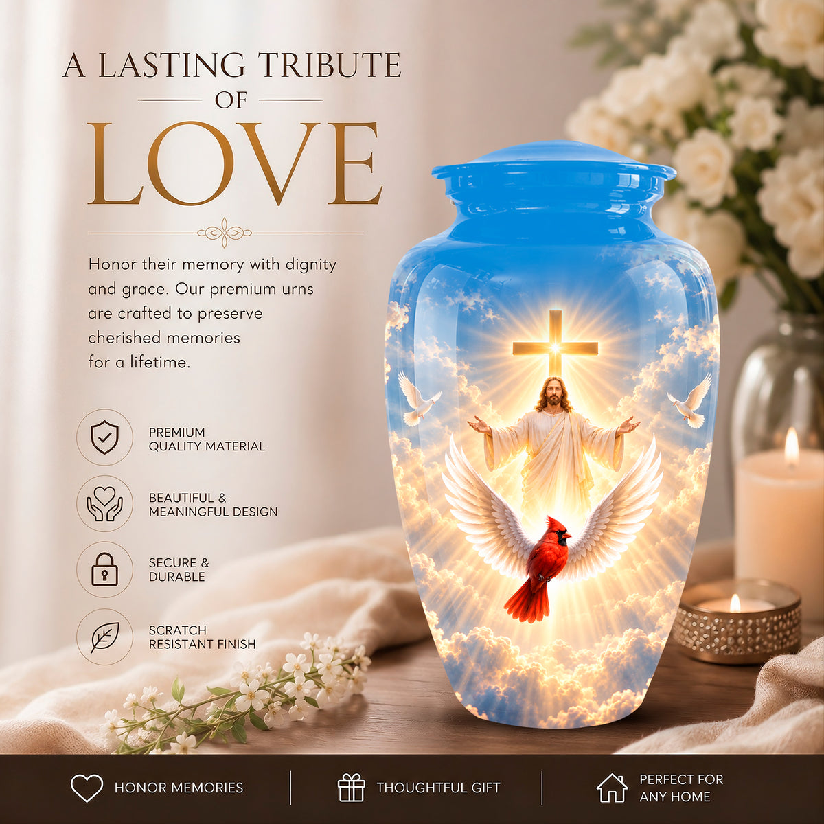 A memorial urn vase with a blue lid and glowing printed design of Jesus, doves, a cardinal, and a cross, shown on a tabletop with candles and flowers. Large text reads 'A LASTING TRIBUTE OF LOVE' with feature callouts on the left.