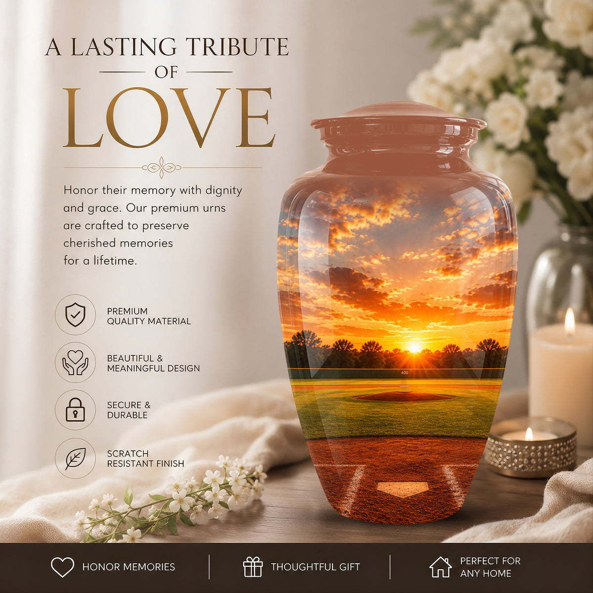 Beautiful Sunset Baseball Ground Scenic Urn - Custom Aluminum Urn For Athletes