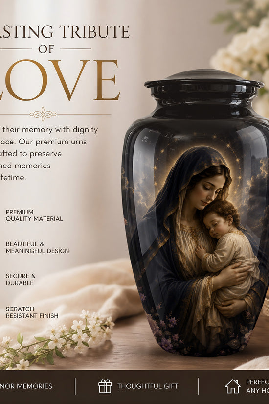 Virgin Mary With Baby Jesus Urn - Personalized Black Cremation Urn For Ashes