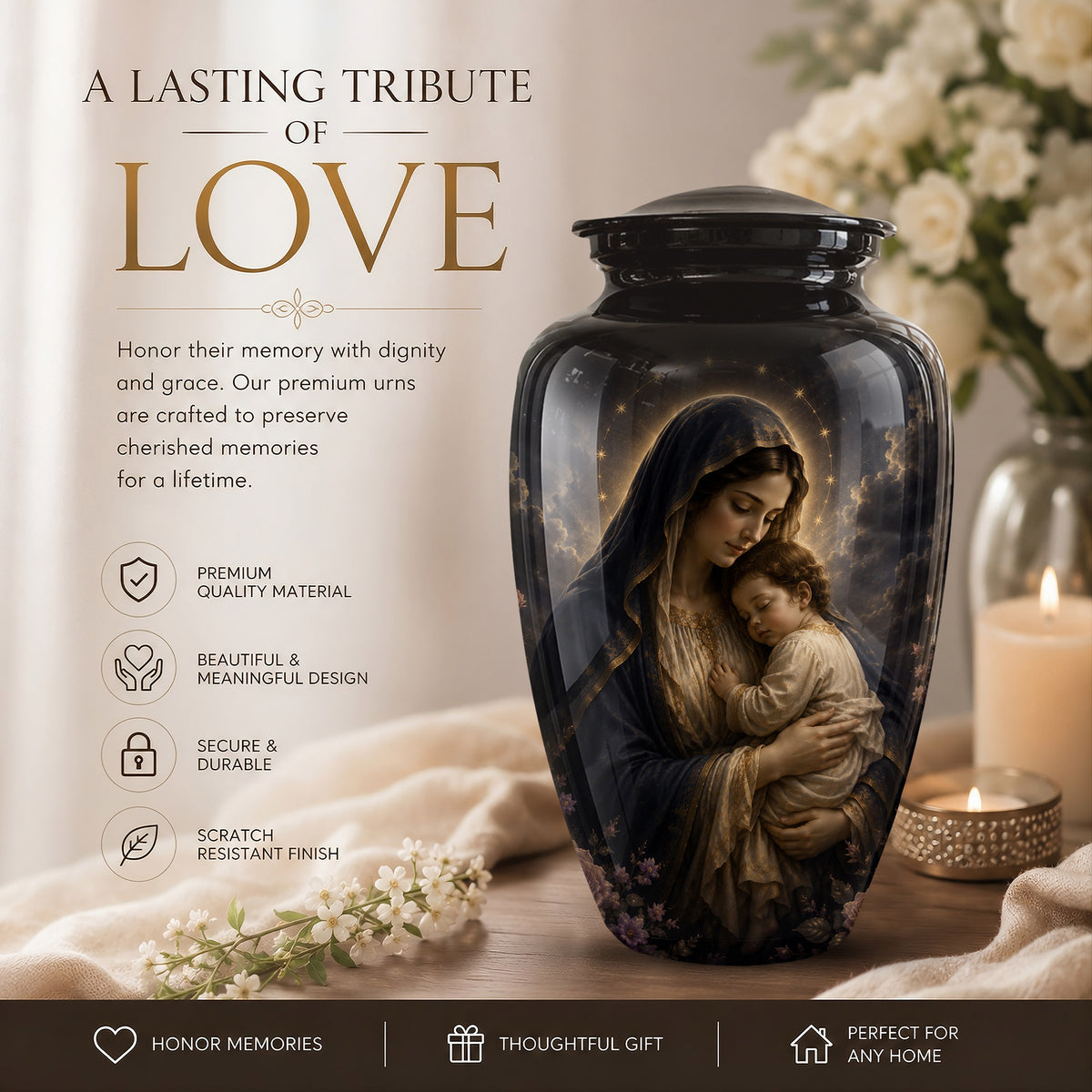 Virgin Mary With Baby Jesus Urn - Personalized Black Cremation Urn For Ashes