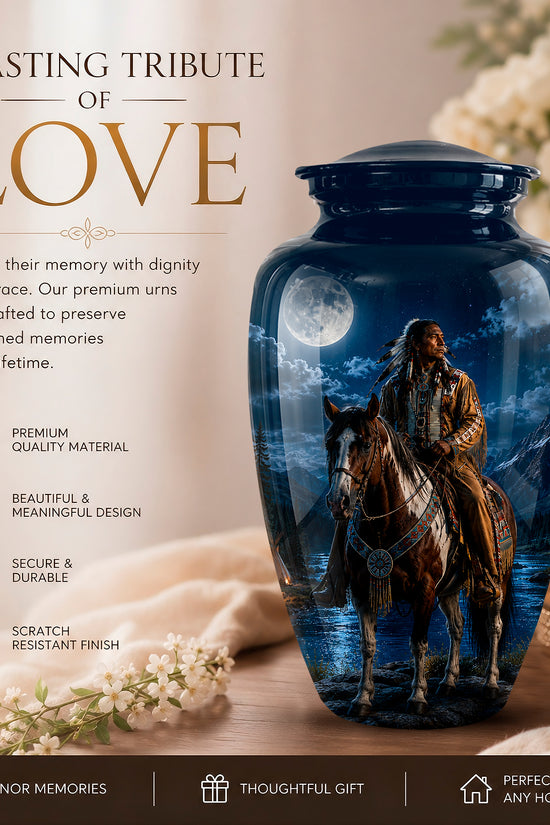 A dark blue ceramic memorial urn featuring a printed design of a cowboy riding a horse under a full moon, displayed on a wooden surface with a candle and flowers in a softly lit setting. Promotional text on the left reads 'A LASTING TRIBUTE OF LOVE' with product features listed below.
